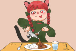 Rule 34 | 1girl, :3, animal ears, artist name, beige background, blunt bangs, bow, braid, cat ears, cat tail, commentary request, cup, curry, curry rice, dated, dress, drink, drinking glass, food, frilled dress, frilled sleeves, frills, gravy boat, green dress, hair bow, holding, holding spoon, kaenbyou rin, long hair, long sleeves, one-hour drawing challenge, onikobe rin, pink background, pinky out, plate, pouring, red hair, rice, simple background, slit pupils, smile, solo, spoon, table, tablecloth, tail, tongue, tongue out, touhou, twin braids, twintails, water