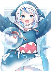 Rule 34 | 1girl, :d, :o, animal hood, bloop (gawr gura), blue background, blue eyes, blue hair, blue hoodie, blush, commentary request, drawstring, fins, fish tail, gawr gura, gawr gura (1st costume), highres, hololive, hololive english, hood, hood up, hoodie, looking at viewer, multicolored hair, notice lines, open mouth, outline, peta (snc7), shark hood, shark tail, sharp teeth, silver hair, smile, streaked hair, tail, tail raised, teeth, two-tone background, virtual youtuber, white background, white outline