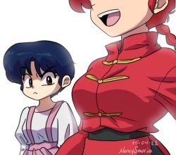 Rule 34 | 2girls, blue hair, breast envy, breasts, looking at another, looking at breasts, meme, multiple girls, nancysauria, ranma-chan, ranma 1/2, red hair, saotome ranma, simple background, tendou akane, white background