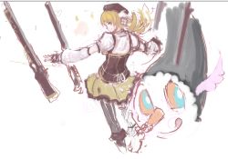 Rule 34 | 10s, 1girl, :q, beret, blonde hair, boots, charlotte (madoka magica), corset, detached sleeves, fingerless gloves, from behind, gloves, grey thighhighs, gun, hat, heart, magical girl, magical musket, mahou shoujo madoka magica, mahou shoujo madoka magica (anime), miniskirt, musket, panties (pantsu-pirate), pleated skirt, puffy sleeves, rifle, skirt, thighhighs, tomoe mami, tongue, tongue out, traditional media, weapon, yellow skirt