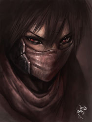 Rule 34 | 1boy, absurdres, brown hair, ceasar ian muyuela, covered mouth, highres, male focus, mask, portrait, red eyes, red scarf, scarf, signature, solo, strider (video game), strider hiryuu