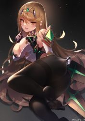Rule 34 | 1girl, ahoge, ass, bare shoulders, blonde hair, blush, breasts, cawang, circlet, clothes pull, come hither, detached sleeves, elbow gloves, gloves, highres, large breasts, long hair, looking at viewer, mythra (xenoblade), naughty face, open mouth, orange eyes, pantyhose, pantyhose pull, shiny clothes, shiny skin, smile, solo, very long hair, xenoblade chronicles (series), xenoblade chronicles 2