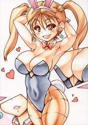 Rule 34 | 1girl, animal ears, armpits, arms behind head, bare shoulders, blush, bow, bowtie, breasts, brown hair, cleavage, covered navel, detached collar, dragon quest, dragon quest viii, earrings, fake animal ears, fang, female focus, fishnet pantyhose, fishnets, head out of frame, heart, jessica albert, jewelry, large breasts, leotard, lips, looking at viewer, marker (medium), millipen (medium), open mouth, pantyhose, playboy bunny, rabbit ears, rabbit tail, red eyes, short hair, smile, solo, tail, traditional media, twintails, wrist cuffs, yutakasan-love, zoom layer