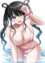 1girl absurdres akihila bent_over bikini black_hair blue_hair blush breasts cleavage collarbone colored_tips cowboy_shot curvy dark_blue_hair gluteal_fold hand_up highres huge_breasts looking_at_viewer multicolored_hair navel one_eye_closed open_mouth original pink_bikini purple_eyes scrunchie sidelocks smile solo swimsuit thigh_gap twintails wrist_scrunchie