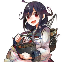 Rule 34 | 10s, 1girl, apron, bad id, bad nicoseiga id, breasts, bucket, carrot, itomugi-kun, kantai collection, long hair, low twintails, open mouth, personification, potato, purple hair, red eyes, school uniform, serafuku, solo, taigei (kancolle), twintails, waist apron