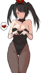 Rule 34 | 1girl, absurdres, agetama, bare shoulders, black hair, black leotard, breasts, cleavage, clock eyes, collarbone, cowboy shot, date a live, hairband, heart, heart hands, heterochromia, highres, leotard, long hair, looking at viewer, medium breasts, pantyhose, playboy bunny, red eyes, simple background, sketch, smile, solo, spoken heart, symbol-shaped pupils, tokisaki kurumi, twintails, white background, wrist cuffs, yellow eyes