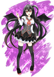 Rule 34 | 1girl, black hair, black thighhighs, black wings, blush, breasts, catstudioinc (punepuni), highres, long hair, looking at viewer, open mouth, original, red eyes, skirt, small breasts, smile, solo, thighhighs, very long hair, wings