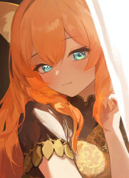 Rule 34 | 1girl, absurdres, alternate costume, alternate hairstyle, animal ear fluff, animal ears, black dress, blue archive, blue eyes, blush, close-up, closed mouth, crossed bangs, curtains, dio nand, dress, fox ears, fox girl, hair between eyes, highres, looking at viewer, mari (blue archive), orange hair, short sleeves, sidelocks, smile, solo, upper body