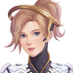 Rule 34 | 1girl, absurdres, bad id, bad pixiv id, blonde hair, commentary, english commentary, halo, headset, high ponytail, highres, lips, looking at viewer, mechanical halo, mercy (overwatch), overwatch, overwatch 1, parted bangs, portrait, shiro-hane, short hair, simple background, solo, weibo watermark, white background