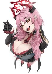 Rule 34 | 1girl, absurdres, black gloves, blue archive, boots, bra, breasts, cleavage, curled horns, demon horns, fangs, from above, gloves, halo, head tilt, highres, holding pendulum, horns, jacket, knee boots, large breasts, long hair, looking at viewer, looking up, military jacket, mole, mole on breast, necktie, pink hair, red bra, red garter straps, satsuki (blue archive), short necktie, simple background, smile, solo, underwear, ushimochi, very long hair, white background