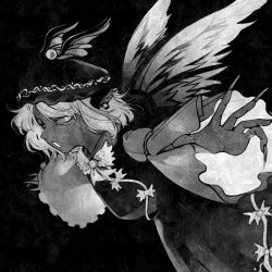 1girl animal_ears bird_ears bird_wings dress earrings fingernails greyscale hat highres jewelry long_fingernails long_sleeves monochrome mystia_lorelei open_mouth outstretched_arms pearjarrr sharp_fingernails short_hair single_earring sleeve_garter solo spread_arms touhou wide_sleeves winged_hat wings