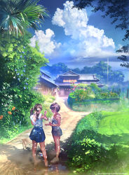 Rule 34 | 2girls, aalge, architecture, bare legs, blouse, blue skirt, brown hair, bush, camisole, child, cloud, dappled sunlight, day, dirt road, east asian architecture, flip-flops, flower, food, grass, hair ornament, hair scrunchie, house, ice cream, lily (flower), long hair, morning glory, multiple girls, no socks, original, outdoors, plant, popsicle, puddle, revision, road, rural, sandals, scenery, scrunchie, shirt, shoes, short hair, shorts, signature, skirt, sky, sleeveless, sneakers, spider lily, spill, standing, striped, summer, sunlight, tree shade, twintails, very short hair, white footwear, white shirt