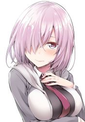 Rule 34 | 1girl, blush, breasts, closed mouth, collared shirt, eyes visible through hair, unworn eyewear, fate/grand order, fate (series), glasses, hair over one eye, hand on own chest, highres, ishima yuu, jacket, long sleeves, looking at viewer, mash kyrielight, medium breasts, necktie, purple eyes, purple hair, shirt, short hair, simple background, solo, upper body, wavy mouth, white background