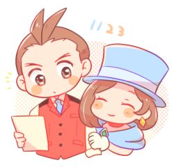 Rule 34 | 1boy, 1girl, ace attorney, antenna hair, apollo justice, blue cape, blue headwear, blue necktie, blush, brown eyes, brown hair, cape, chibi, closed eyes, closed mouth, collared shirt, earrings, gloves, hat, holding, holding another&#039;s arm, holding paper, jewelry, looking at another, lowres, mai8484, necktie, paper, red scarf, red vest, scarf, shirt, short hair, smile, top hat, trucy wright, upper body, vest, white gloves, white shirt