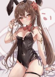 Rule 34 | 1girl, alternate costume, animal ears, bare arms, bare shoulders, black leotard, black nails, blush, boo tao (genshin impact), breasts, brown hair, closed mouth, crossed bangs, detached collar, fake animal ears, flower, flower-shaped pupils, genshin impact, ghost, grin, hair between eyes, hair flower, hair ornament, hand in own hair, highres, hu tao (genshin impact), leotard, long hair, looking at viewer, maruro, playboy bunny, rabbit ears, red eyes, sidelocks, simple background, sitting, small breasts, smile, solo, strapless, strapless leotard, symbol-shaped pupils, thigh strap, twintails, very long hair, white wrist cuffs, wrist cuffs