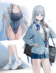 Rule 34 | 1girl, absurdres, bag, black necktie, blue cardigan, blue eyes, blue one-piece swimsuit, blue skirt, breasts, cardigan, competition swimsuit, grey hair, hand on own hip, highres, large breasts, long hair, long sleeves, miniskirt, multiple views, necktie, one-piece swimsuit, open cardigan, open clothes, original, pleated skirt, puffy long sleeves, puffy sleeves, quarter 1404, shirt, shoes, shoulder bag, simple background, skirt, standing, swimsuit, swimsuit under clothes, undressing, uniform, very long hair, white background, white shirt, winter uniform