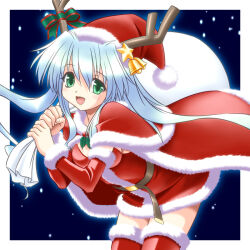 Rule 34 | 1girl, :d, antlers, aqua eyes, bell, belt, blue hair, border, breasts, brown belt, cape, christmas, detached sleeves, dress, fingernails, floating hair, fur-trimmed cape, fur-trimmed headwear, fur-trimmed sleeves, fur-trimmed thighhighs, fur trim, hair between eyes, hat, holding, holding sack, holly, horns, leaning forward, legs together, light blue hair, long hair, long sleeves, open mouth, original, over shoulder, red cape, red dress, red hat, red sleeves, red thighhighs, reindeer antlers, sack, santa dress, santa hat, shinjou satomi, short dress, small breasts, smile, snow, snowing, solo, standing, star (symbol), tareme, thighhighs, white border, zettai ryouiki