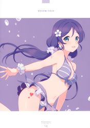 Rule 34 | 1girl, 6u (eternal land), :d, absurdres, bikini, bikini skirt, blush, breasts, character name, cleavage, cowboy shot, green eyes, halterneck, heart, heart tattoo, highres, long hair, looking at viewer, love live!, love live! school idol festival, love live! school idol project, low twintails, medium breasts, navel, open mouth, purple background, purple hair, purple theme, simple background, smile, solo, splashing, swimsuit, tattoo, tojo nozomi, twintails