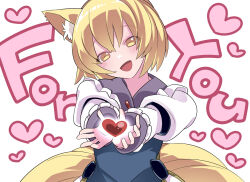 Rule 34 | 1girl, :d, animal ear fluff, animal ears, blonde hair, blue dress, blush, commentary request, dress, english text, fox ears, fox girl, fox tail, frilled sleeves, frills, hammer (sunset beach), heart, highres, kitsune, long sleeves, looking at viewer, multiple tails, no headwear, open mouth, reaching, reaching towards viewer, short hair, smile, solo, tail, touhou, upper body, white background, yakumo ran, yellow eyes