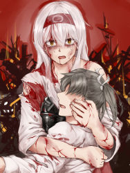 Rule 34 | 2girls, bad id, bad pixiv id, blood, blood from mouth, blood on face, blood on clothes, cradling head, cuts, damaged, fire, highres, injury, kantai collection, multiple girls, shaded face, shoukaku (kancolle), silver hair, tadd (tatd), tears, torn clothes, yellow eyes, zuikaku (kancolle)