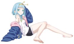 1girl agemmata aqua_eyes aqua_hair armpit_crease bare_legs barefoot black_shorts blue_jacket blunt_bangs blush braid breasts feet full_body fur_trim hair_over_shoulder hairband highres jacket jelly_hoshiumi jelly_hoshiumi_(2nd_costume) knees_together_feet_apart legs long_hair long_sleeves looking_at_viewer off_shoulder on_ground open_clothes open_jacket phase_connect shadow short_shorts shorts sidelocks simple_background sleeves_past_fingers sleeves_past_wrists small_breasts soles solo tank_top toenails toes transparent_background twin_braids virtual_youtuber white_tank_top yellow_hairband