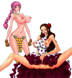 Rule 34 | 2girls, anonymousdrawer, aunt and niece, black hair, breasts, cleavage, highres, large breasts, long hair, multiple girls, nude, one piece, pussy, rebecca (one piece), smile, uncensored, viola (one piece)