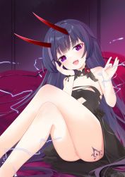 Rule 34 | 1girl, :d, absurdres, areola slip, bare legs, bare shoulders, black dress, black flower, black hair, black rose, blush, censored, crossed legs, dress, electricity, fangs, feet out of frame, flower, fufumi, hands up, head tilt, highres, honkai (series), honkai impact 3rd, horns, long hair, looking at viewer, mosaic censoring, no panties, open mouth, purple eyes, pussy, raiden mei, raiden mei (herrscher of thunder), rose, sitting, smile, solo, tattoo, teeth, thighs, upper teeth only, very long hair