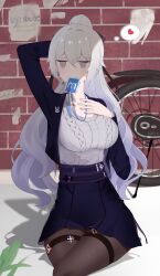 Rule 34 | 1girl, absurdres, black bow, black jacket, black pantyhose, black skirt, bow, breasts, brick wall, bronya zaychik, bronya zaychik (outstanding attitude) (honkai impact), bronya zaychik (silverwing: n-ex), chinese commentary, commentary request, drop shadow, earrings, grey eyes, grey hair, grey shirt, hair between eyes, hair bow, hand on own chest, heart, high ponytail, highres, holding, holding own hair, honkai (series), honkai impact 3rd, id card, jacket, jewelry, lanyard, large breasts, long hair, looking to the side, office lady, official alternate costume, open clothes, open jacket, pantyhose, qiuqiuku, ribbed shirt, shade, shirt, sitting, skirt, solo, thigh strap, thought bubble