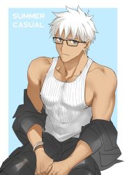 Rule 34 | 1boy, archer (fate), archer (summer casual) (fate), bracelet, brown eyes, dark-skinned male, dark skin, emya, english text, fate/grand order, fate/stay night, fate (series), glasses, jewelry, looking at viewer, male focus, muscular, pectorals, short hair, simple background, solo, tank top, undressing, white hair