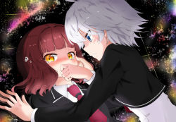Rule 34 | 2girls, anne happy, blue eyes, blush, brown hair, commentary request, ekoda ren, girl on top, hagyuu hibiki, hand to own mouth, looking at another, looking away, lying, multiple girls, necktie, on back, red hair, revision, rocha (aloha ro cha), school uniform, short hair, silver hair, tearing up, tennomifune academy school uniform, yellow eyes, yuri