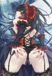 Rule 34 | 10s, 1girl, ass, ass grab, bare shoulders, black hair, bow, breasts, cameltoe, clara v, clothes lift, corset, cum, cum on ass, cum on clothes, date a live, detached sleeves, fingernails, frilled sleeves, frills, from behind, garter belt, garter straps, gothic lolita, grabbing own ass, grin, hair bow, hair ribbon, highres, lace, lace-trimmed legwear, lace-trimmed panties, lace trim, laces, leaning forward, lingerie, lolita fashion, long fingernails, long hair, looking back, medium breasts, naughty face, panties, ribbon, sideboob, skirt, skirt lift, sleeves past wrists, smile, solo, spread ass, strapless, thighhighs, thong, tokisaki kurumi, underwear, upskirt, very long hair, wentirtongmo, yellow eyes