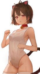 Rule 34 | 1girl, absurdres, animal collar, animal ear hairband, animal ears, bare arms, bell, blush, breasts, brown hair, cat ear hairband, cat ears, cat tail, collar, collarbone, commentary request, commission, covered navel, cowboy shot, fake animal ears, groin, hairband, highres, korean commentary, light blush, looking at viewer, medium breasts, mole, mole on breast, mole under eye, neck bell, one-piece swimsuit, original, parted lips, paw pose, prunechi, red collar, red eyes, second-party source, short hair, simple background, solo, swimsuit, tail, thighhighs, thighs, wet, white background, white one-piece swimsuit, white thighhighs, yogu (user rxdx2445)