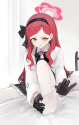 Rule 34 | 1girl, absurdres, black bow, black bowtie, black dress, black gloves, black hairband, black ribbon, blue archive, bow, bowtie, chinese commentary, commentary request, dress, feet, gloves, hair ribbon, hairband, halo, highres, jacket, long hair, long sleeves, nagata gata, no shoes, pantyhose, parted bangs, parted lips, red hair, red halo, ribbon, sidelocks, sitting, soles, solo, takane (blue archive), toes, white jacket, white pantyhose, yellow eyes