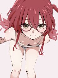 Rule 34 | 1girl, absurdres, arm support, bare shoulders, bocchi the rock!, breasts, closed mouth, collarbone, downblouse, from above, glasses, green eyes, hair between eyes, highres, kita ikuyo, looking at viewer, medium hair, one side up, red-framed eyewear, red hair, simple background, sitting, small breasts, smile, solo, thighs, ukitaryu, white background