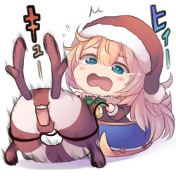 Rule 34 | 1girl, bell, blonde hair, blue eyes, chibi, commentary request, dyson (edaokunnsaikouya), enemy lifebuoy (kancolle), gambier bay (kancolle), hair between eyes, hat, horns, kantai collection, long hair, open mouth, red hat, santa costume, santa hat, white background