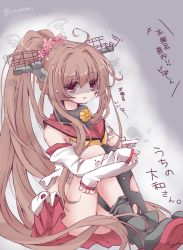 Rule 34 | 10s, 1girl, ahoge, brown eyes, brown hair, detached sleeves, hair ornament, headgear, highres, kantai collection, koyoi (ruka), hugging own legs, long hair, pleated skirt, ponytail, shaded face, sitting, skirt, smile, solo, torn clothes, translation request, yamato (kancolle)