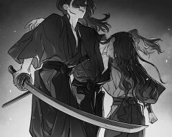 Rule 34 | 3boys, absurdres, bruise, bruise on face, clenched hand, covered eyes, cowboy shot, floating hair, greyscale, hair over eyes, hakama, highres, hip vent, holding, holding sword, holding weapon, ine (zx o4), injury, japanese clothes, katana, kimono, light particles, long hair, male focus, monochrome, multiple boys, original, outstretched arms, ponytail, scabbard, sheath, side-by-side, simple background, standing, sword, unconscious, unsheathed, weapon, wrist guards