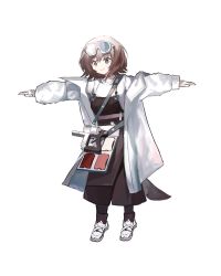 Rule 34 | 1girl, arknights, brown hair, coat, commentary request, full body, genieko, goggles, goggles on head, grey eyes, highres, long sleeves, looking at viewer, open clothes, open coat, roberta (arknights), shoes, short hair, simple background, smile, solo, standing, t-pose, white background, white coat, white footwear