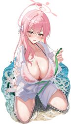 Rule 34 | 1girl, barefoot, blue archive, braid, breasts, cleavage, hanako (blue archive), hanako (swimsuit) (blue archive), highres, jungtong, kneeling, large breasts, long hair, looking at viewer, open mouth, pink hair, see-through, smile, solo