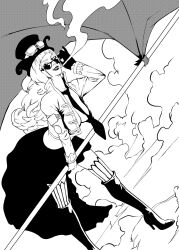 Rule 34 | 1girl, belo betty, bob cut, boots, cigarette, cloud, commentary, dborod, english commentary, flag, goggles, goggles on headwear, greyscale, hat, high heel boots, high heels, highres, holding, holding flag, jacket, looking at viewer, monochrome, necktie, one piece, skirt, smile, smoke, solo