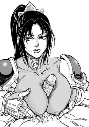 Rule 34 | 1boy, 1girl, armor, bad id, bb (baalbuddy), bodysuit, breasts, closed mouth, clothed female nude male, covered erect nipples, erection, fingerless gloves, gloves, greyscale, hetero, highres, inactive account, large breasts, looking at viewer, monochrome, nude, paizuri, pauldrons, penis, ponytail, shoulder armor, simple background, soul calibur, taki (soulcalibur), uncensored, veins, veiny penis, white background