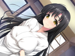 Rule 34 | 1girl, black hair, blush, breast hold, breasts, brown eyes, closed mouth, highres, indoors, large breasts, lens flare, long hair, looking at viewer, original, psd available, smile, solo, upper body, very long hair, yu-ta