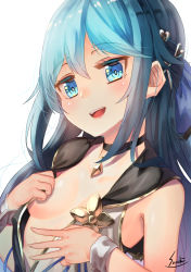 Rule 34 | 1girl, :d, bad id, bad pixiv id, bare shoulders, black choker, blue eyes, blue hair, blue ribbon, blush, breasts, choker, commentary request, convenient censoring, fingernails, hair between eyes, hair ornament, hair ribbon, head tilt, highres, lips, long hair, looking at viewer, multicolored shirt, open clothes, open mouth, open shirt, original, ribbon, saraki, shirt, signature, sleeveless, sleeveless shirt, small breasts, smile, solo, teeth, upper teeth only, very long hair, wrist cuffs