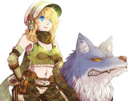 Rule 34 | 1girl, armband, belt, blonde hair, blue eyes, bonnet, breasts, brown belt, camouflage, camouflage pants, camouflage scarf, cleavage, closed mouth, commentary request, cowboy shot, crop top, elbow gloves, eyes visible through hair, fingerless gloves, flower, gloves, green gloves, green shirt, hair over one eye, hand on own hip, hat, hat flower, looking to the side, medium breasts, medium hair, midriff, navel, pants, pink flower, pouch, ragnarok online, ranger (ragnarok online), shirt, simple background, solo, standing, susukinohukurou, utility belt, white background, white hat, wolf