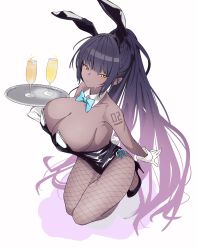 Rule 34 | 1girl, animal ears, bare shoulders, black hair, black leotard, blue archive, blush, bow, bowtie, breasts, cleavage, cup, dark-skinned female, dark skin, detached collar, drinking glass, fake animal ears, fake tail, fishnet pantyhose, fishnets, gloves, high heels, highleg, highleg leotard, highres, karin (blue archive), karin (bunny) (blue archive), large breasts, leotard, long hair, number tattoo, ocha (popopogg), official alternate costume, pantyhose, playboy bunny, ponytail, rabbit ears, rabbit tail, shiny clothes, shiny skin, shoulder tattoo, sideboob, simple background, solo, strapless, strapless leotard, tail, tattoo, traditional bowtie, tray, very long hair, white background, wide hips, yellow eyes