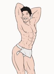 Rule 34 | 1boy, :d, abs, alternate body size, animated, animated gif, armpits, arms behind head, arms up, asian, black hair, collarbone, cowboy shot, dancing, epicanthic folds, facial hair, grin, harukitsune, hololive, loincloth, looking at viewer, lowres, mature male, me!me!me! dance (meme), meme, muscular, muscular male, open mouth, parody, pectoral cleavage, pectorals, short hair, smile, solo, stubble, virtual youtuber, yagoo
