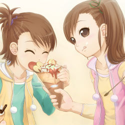 Rule 34 | 10s, 2girls, :q, bad id, bad pixiv id, brown eyes, brown hair, eating, closed eyes, food, food on face, futami ami, futami mami, hair bobbles, hair ornament, highres, ice cream, ice cream on face, idolmaster, idolmaster (classic), idolmaster 2, multiple girls, siblings, side ponytail, sisters, spoon, takeda yukimura, tongue, tongue out, twins
