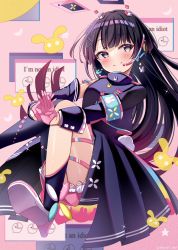Rule 34 | 1girl, armpits, text background, black dress, black hair, black shirt, black sleeves, black thighhighs, blush, closed mouth, commentary request, detached sleeves, dress, english text, gloves, gradient hair, grey eyes, hair ornament, hairclip, half gloves, headphones, headset, high heels, long hair, long sleeves, looking at viewer, multicolored hair, nijisanji, own hands together, pink gloves, pink skirt, pleated dress, pleated skirt, red hair, sakura hiyori, shirt, single detached sleeve, single sleeve, single sock, single thighhigh, skirt, smile, socks, solo, thighhighs, tsukino mito, very long hair, virtual youtuber, white footwear