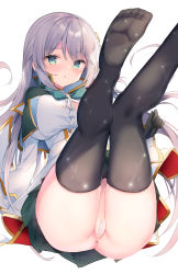 Rule 34 | 1girl, absurdres, anus, aqua eyes, ass, bandaid, bandaid on pussy, black thighhighs, blush, breasts, commentary request, crotch, dress, feet, grey hair, hair ornament, highres, large breasts, legs up, long hair, looking at viewer, onibi (will o wisp24), original, parted lips, simple background, soles, solo, thighhighs, thighs, toes, white background, white dress