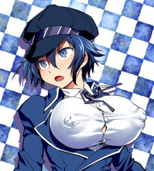 Rule 34 | 1girl, blue eyes, blue hair, breasts, covered erect nipples, funnyari, large breasts, large nipples, open mouth, persona, persona 4, shirogane naoto, solo, sweat, tagme